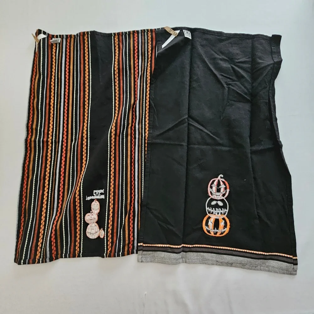 DII Halloween Kitchen Towels Set of 2 Black Striped Embroidered Pumpkins Cotton